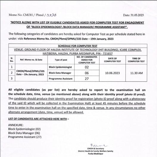list of candidates for computer test for district health & family welfare samiti purba medinipur on 10th june,2023