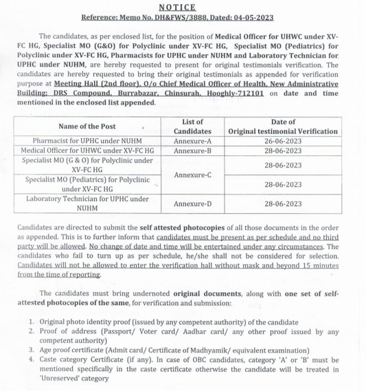 original testimonials verification for different posts under nuhm & xv fc hg hooghly