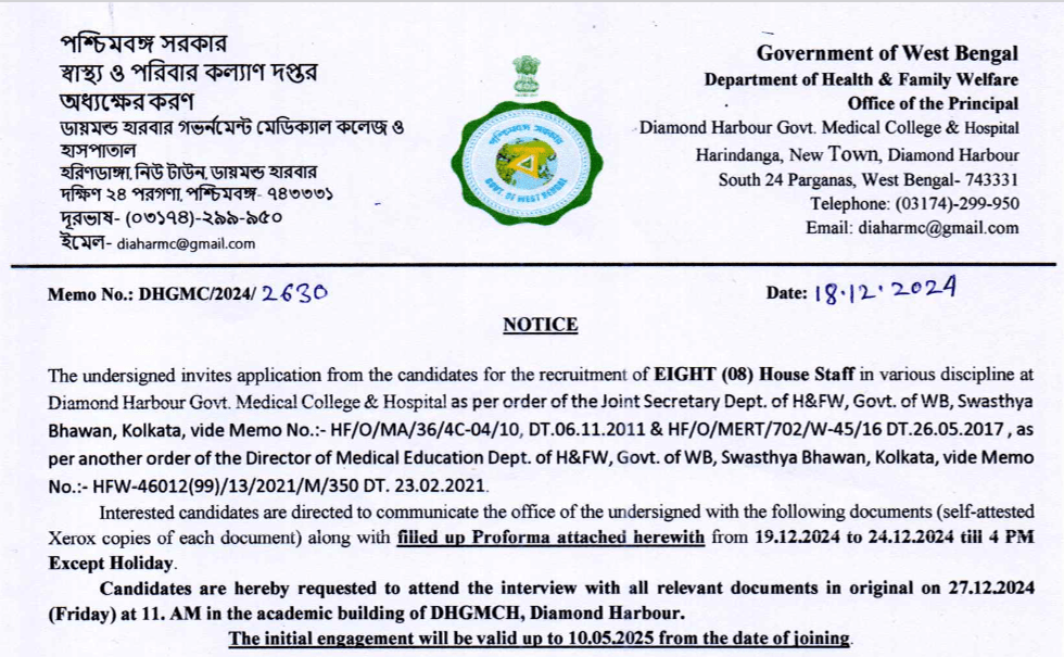 recruitment of eight (08) house staff